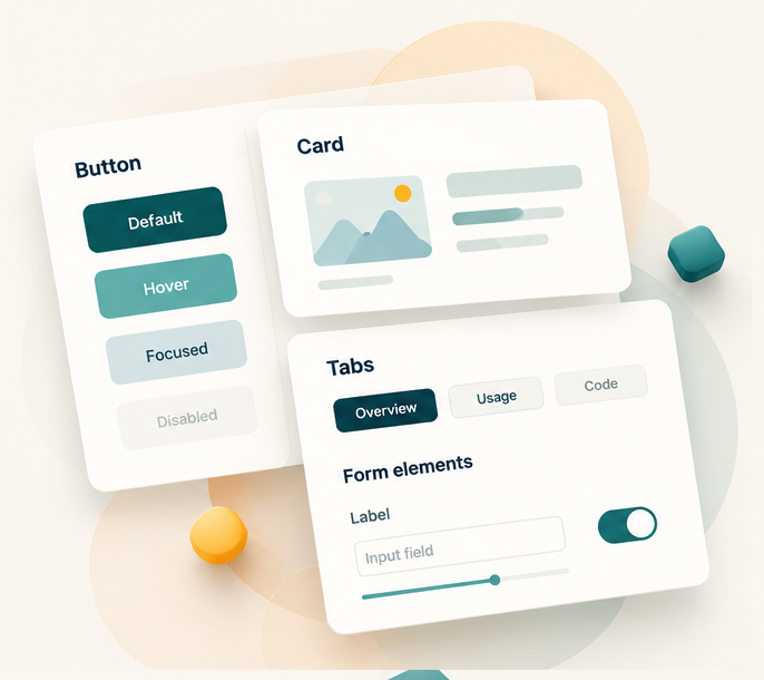 Illustration of reusable buttons, cards, tabs, and form controls.
