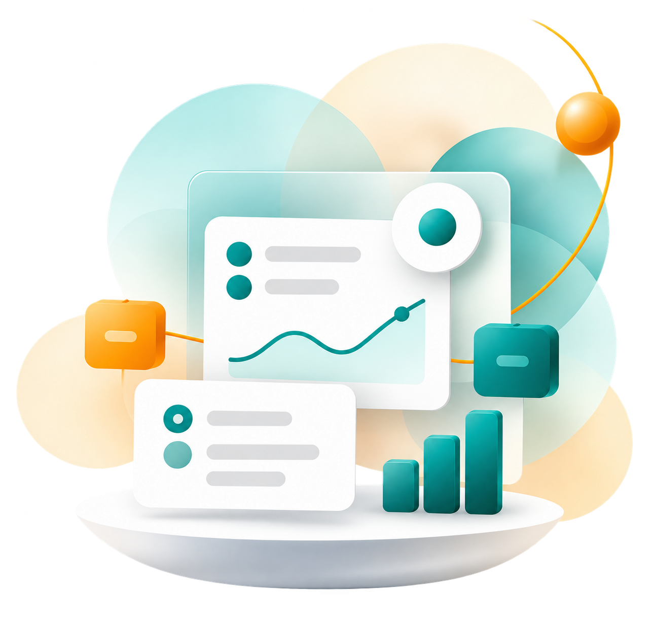Illustration of product screens, a trend line, and interface blocks on a platform.